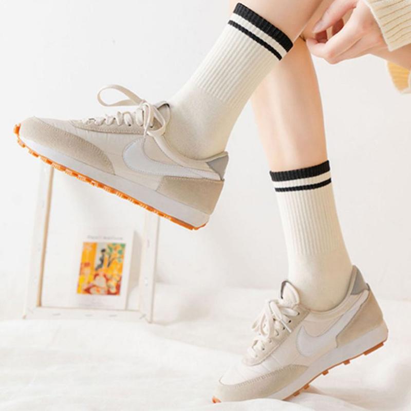 2Pair Socks Solid Color Striped Socks Casual Cotton Sports Socks