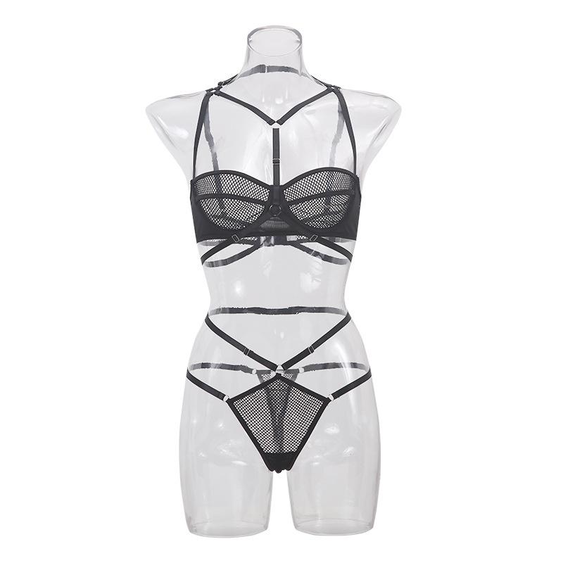 2022 New Lace Sexy Bra Thong Set Lingerie Erotic Underwear Cross Strap Hollow Out Garter Belt Nighty Lingerie Set