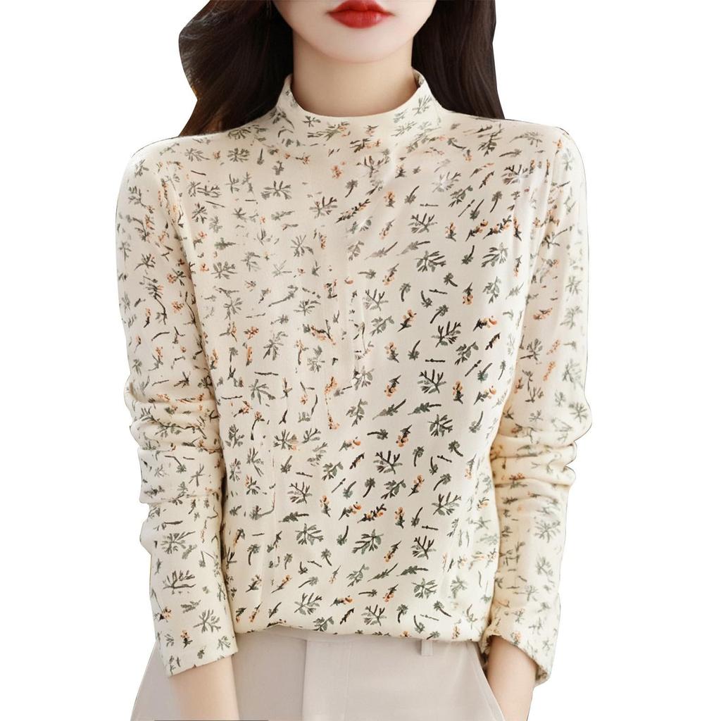 Damenmode Langarm Doppelseitiger Samt Blumendruck Basisschicht Shirt Halber Stehkragen Warmes T-Shirt Top