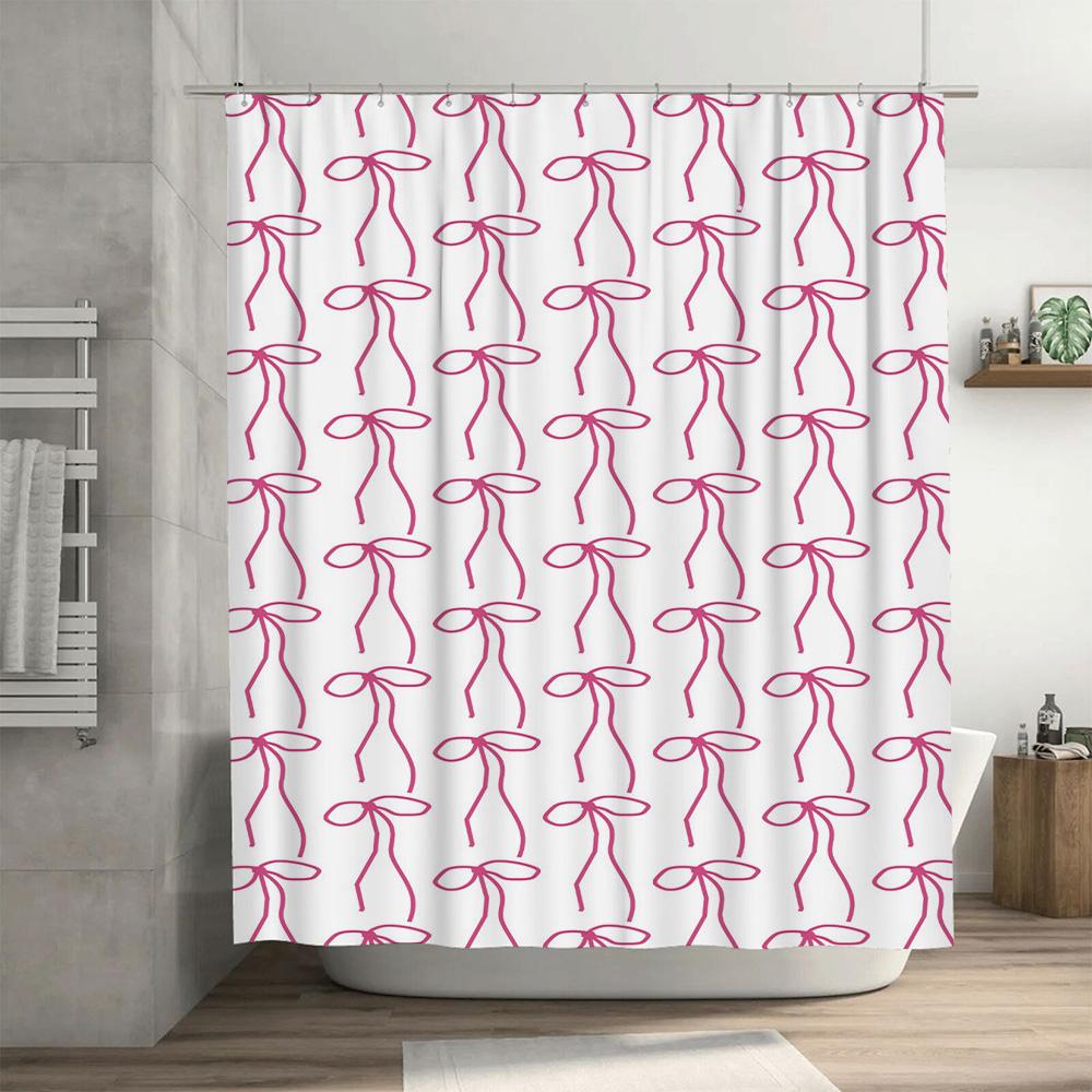 Pink Bow Pattern Shower Curtain Decorative Water Proof Bathroom Hanging Liner Set for Home Decor