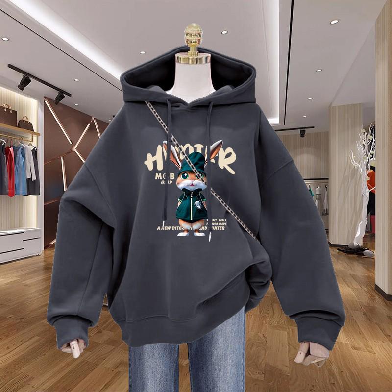 Women's Cartoon Print Fleece-Lined Hooded Sweatshirt - Stylish, Cozy, Loose-Fit, Couple-Friendly Outerwear