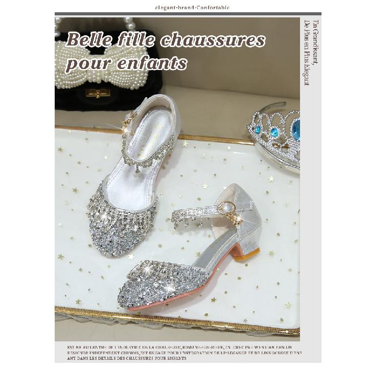 Girls' High Heels Princess Shoes Little Girl Dress Crystal Shoes Soft Sole Silver Children's Fashion Show Performance Leather Shoes