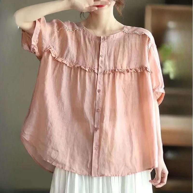 

Летняя футболка с круглым вырезом и рукавами-фонариками из хлопка и льна, женская свободная повседневная футболка с короткими рукавами XXXL розовый