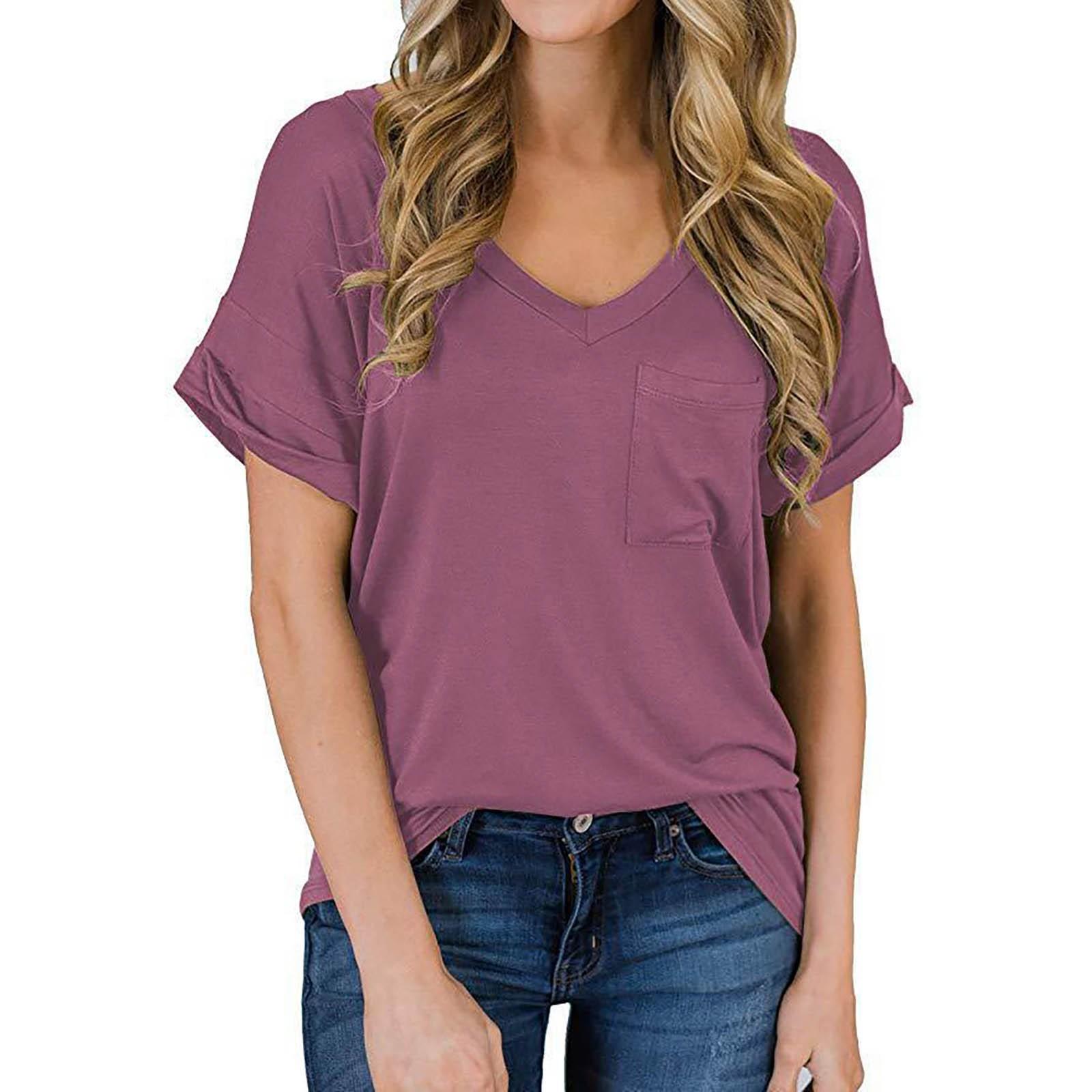 

Women s Fashion Spring/summer V-neck Pocket T-shirt With Rolled Edge Short-sleeved Loose Top S