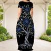 Women Plus Size Round Neck Short Sleeve Black Floral Tree Print Loose Long Dress With Side Pockets