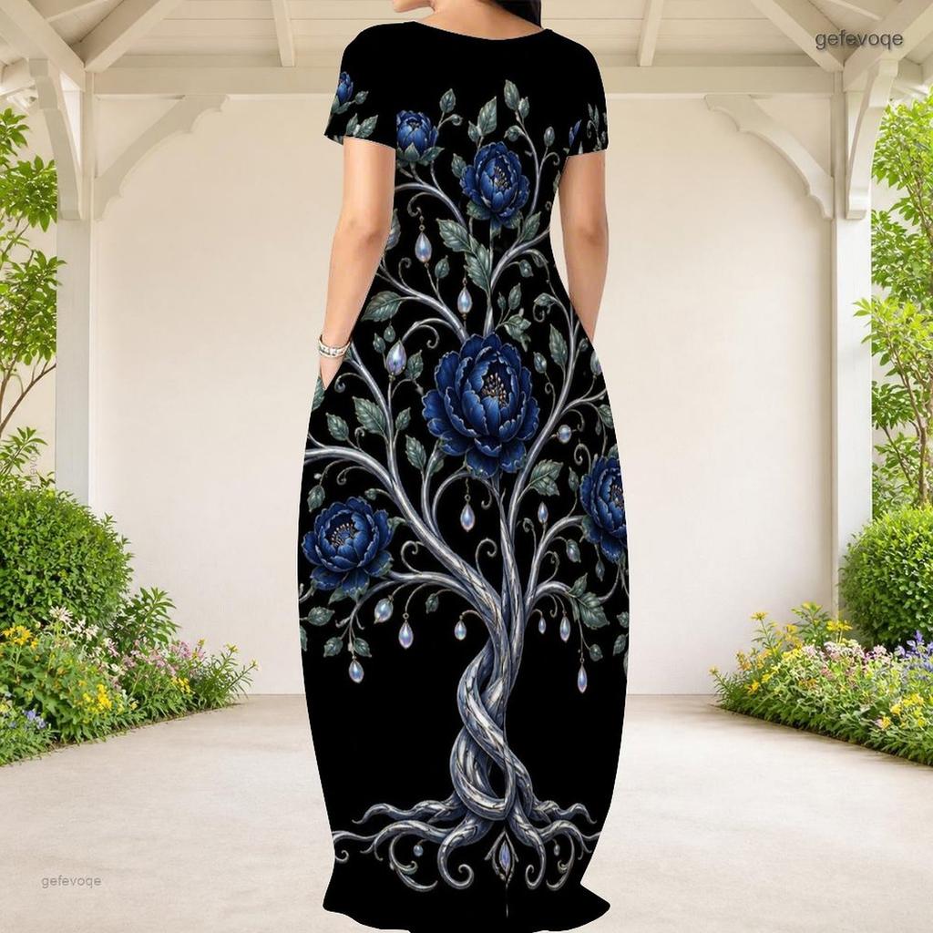 Women Plus Size Round Neck Short Sleeve Black Floral Tree Print Loose Long Dress With Side Pockets