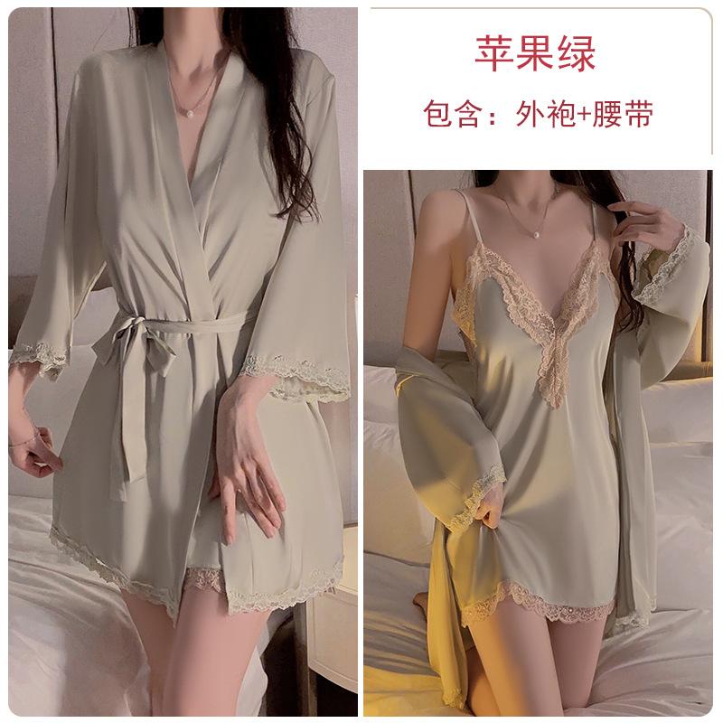 Women's Lace Push Up Padded Backless Cami Sleep Dress with Tie Robe Lounge Set