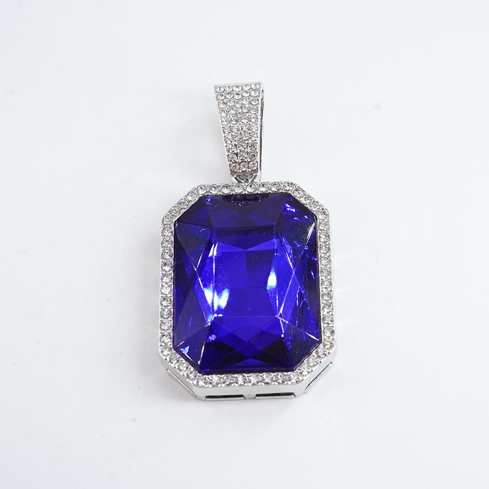 European and American Jewelry Fashion Square Colored Gemstone Necklace Pendant for Men, Hip-hop Style, Full Diamond Cuban Chain Necklace, Unisex