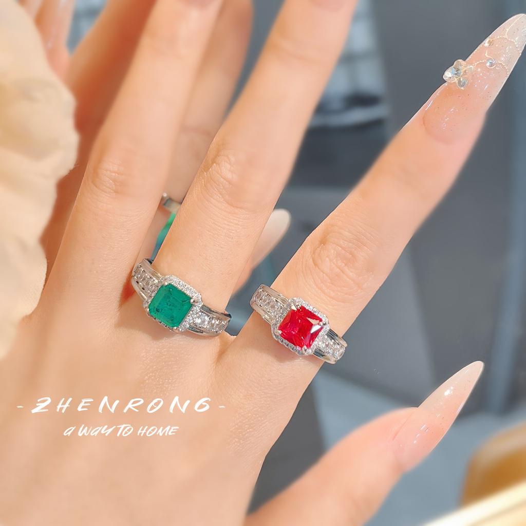 Mode Leichter Luxus Temperament Prinzessin Quadratischer Diamant Simulation Rubin Ring Retro Baumwolle Smaragd Einfach Vielseitig Damenring