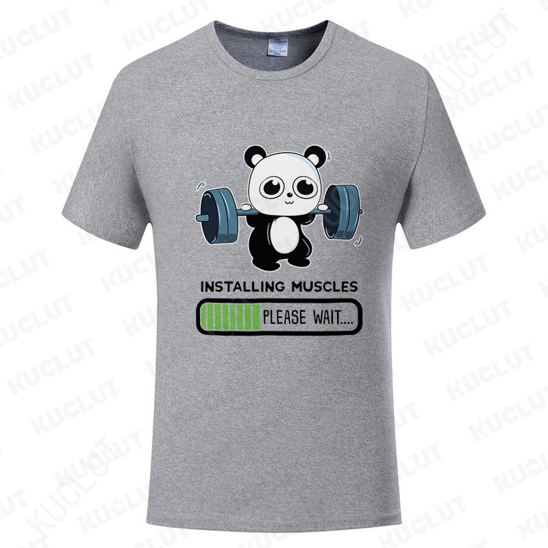 Funny Panda Gym Print T-Shirt Unisex Tees for Men Women O-neck Casual Short Sleeved Weightlifting Installing Muscles Basic Tops