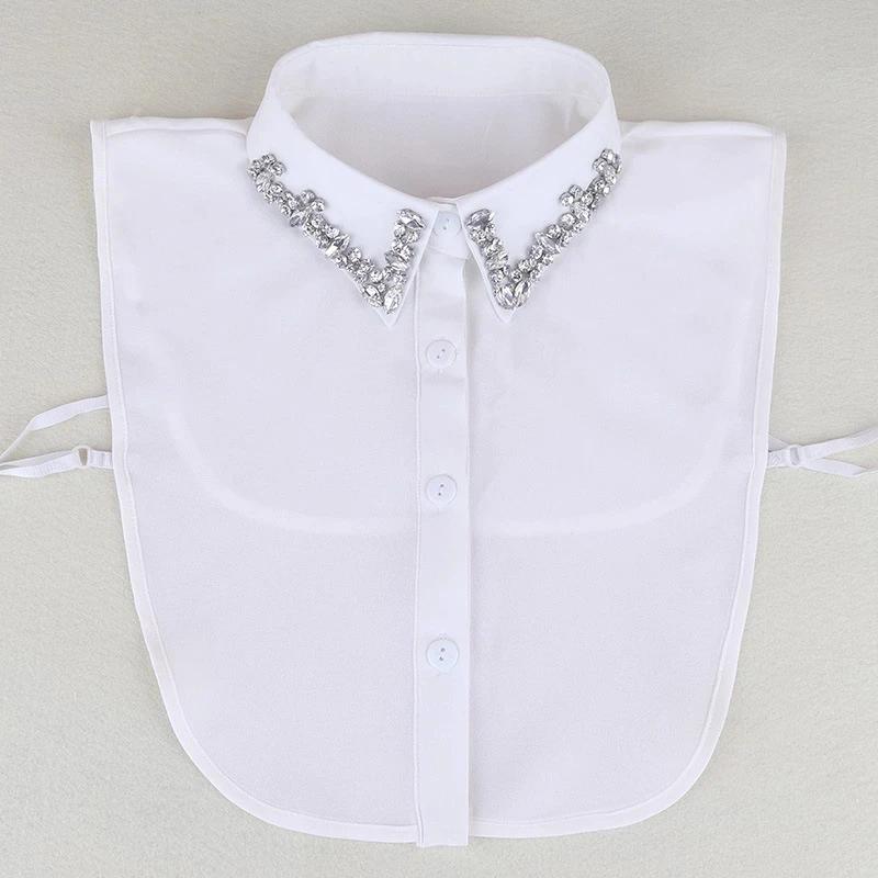 Fashion Ladies Fake Collar for Women Chiffon Fake Collar Rhinestone False Collar Lapel Detachable Button Half-Shirt Blouse Top