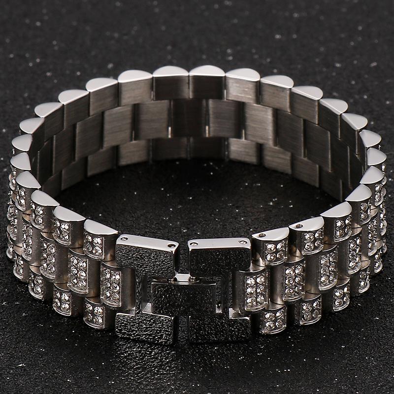 Hiphop 18MM szeroki pasek zegarka łańcuch na rękę bransoletka dla mężczyzn złoty kolor stal nierdzewna biżuteria charm bransoletki dla kobiet panie