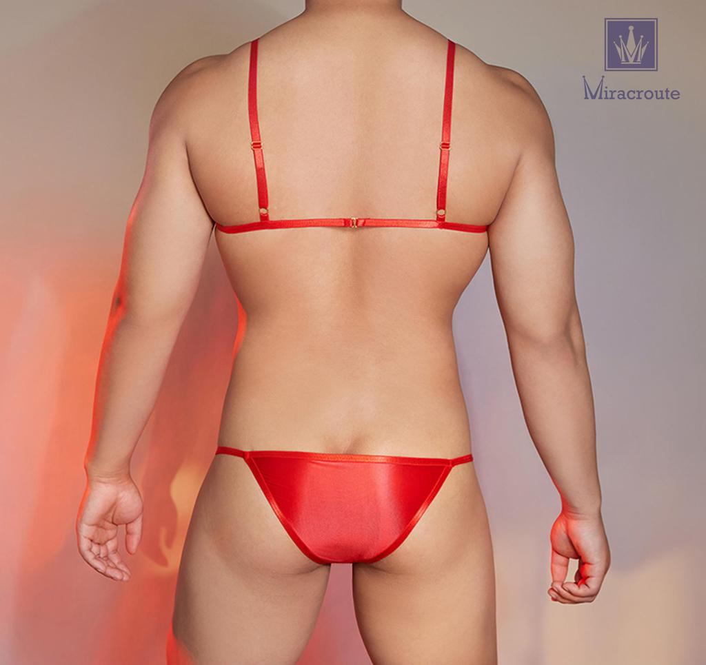 Bra Panty Smooth Clear Gay [Miracroute] Men's Set, Thin, Smooth, Fabric, Stockings, Bra, Shorts, String, Panties, (Black)