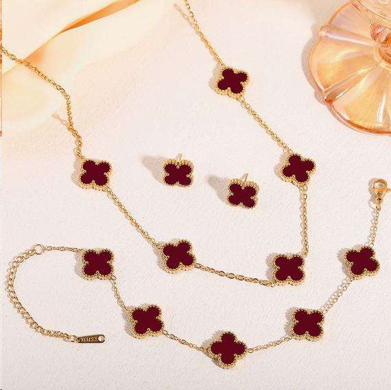 KABA Jewelry Titanium Steel Non Fading Double-sided Clover Earrings Bracelet Necklace Three Piece Set