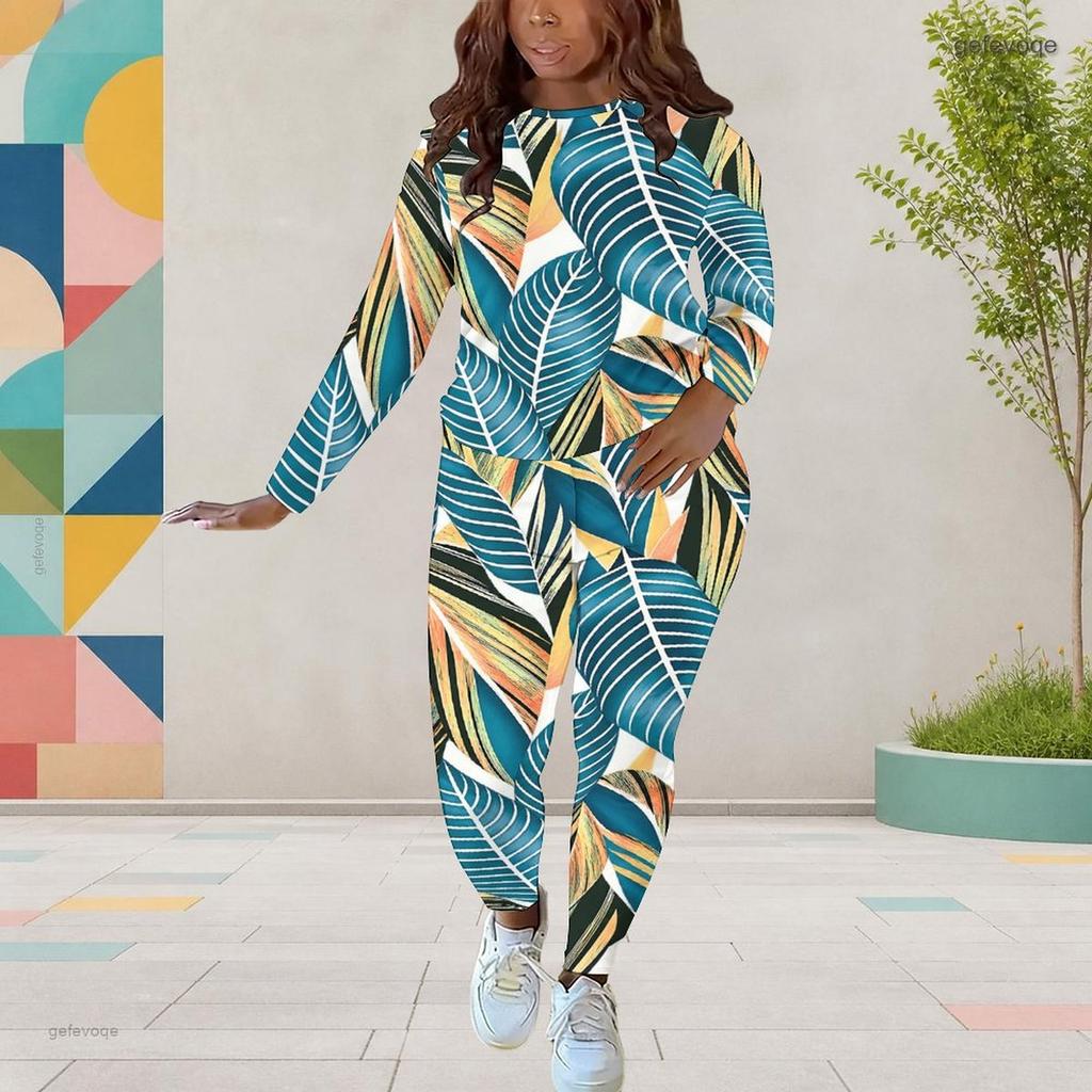 Women Plus Size Round Neck Long Sleeve Tropical Leaf Printed Top And Fitted Pants Two Piece Set
