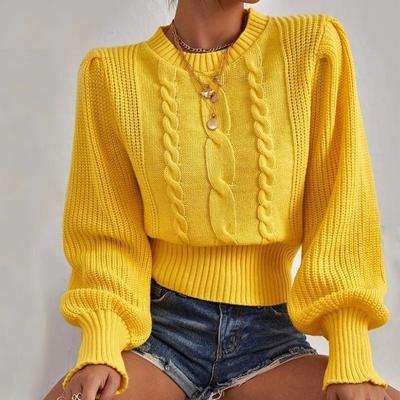 Maglione lavorato a maglia tinta unita da donna girocollo pullover con maniche a lanterna