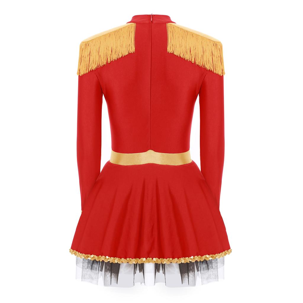 S-XXL Damski Kostium Cyrkowca Body Sukienka Długie Rękawy Frędzle Naszywki na Ramionach Błyszczące Płatki Kostium Cyrkowy Kostium na Halloween