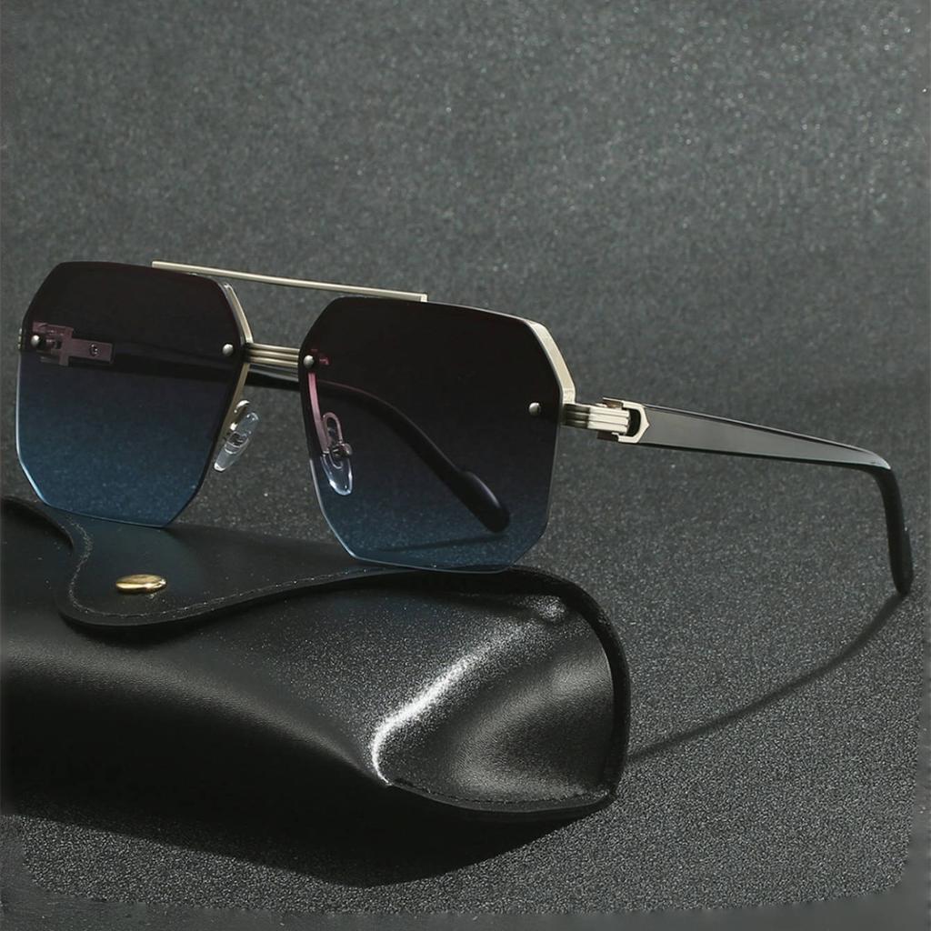 Metal Double Beam Square Sunglasses Men Half Frame Pilot Fashion Advanced Personality Stylish Eyewear