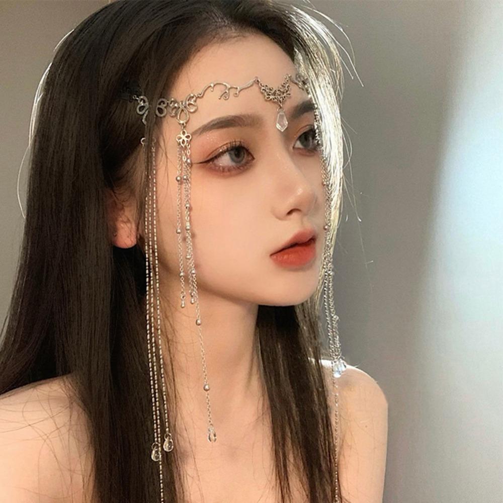 Vintage Crystal Long Tassel Forehead Ornament Headband Tassel Eyebrow Center Pendant Hair Ornament