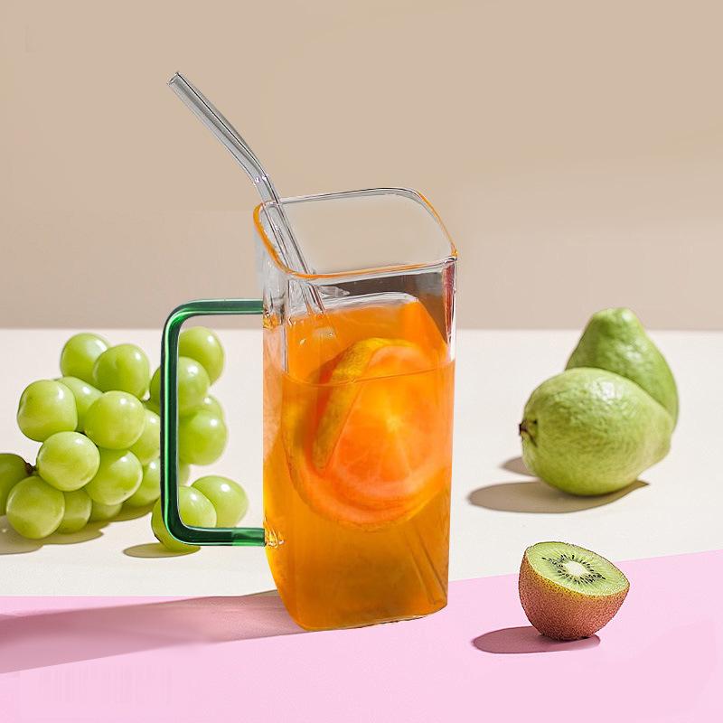 Glass Water Cup Milk Cup Tea Cup Breakfast Beverage Cup High Borosilicate Square Color Handle Glass Water Cup