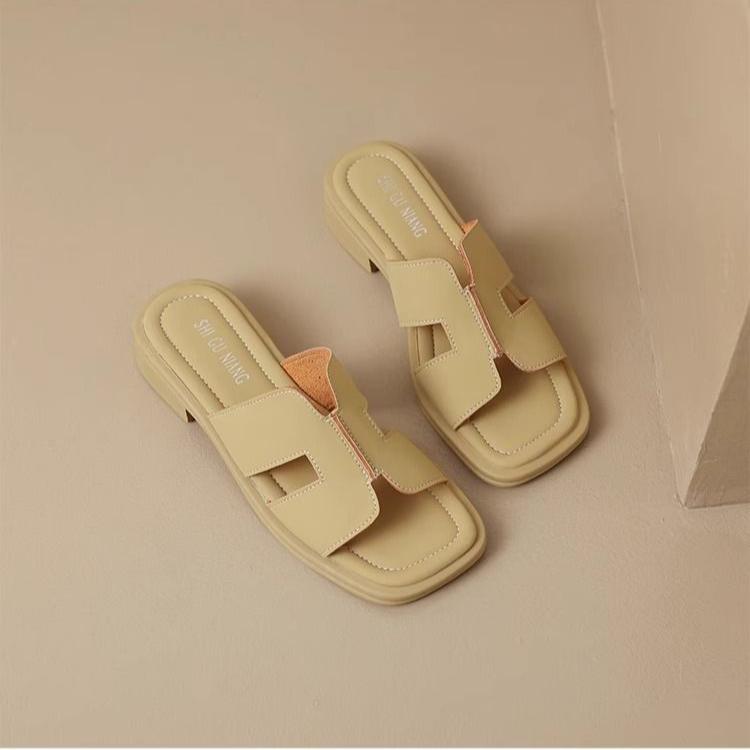 Summer Soft Leather Women's Shoes Low Heel Square Toe Roman Retro Brown French Women's Sandals with Exposed Toes