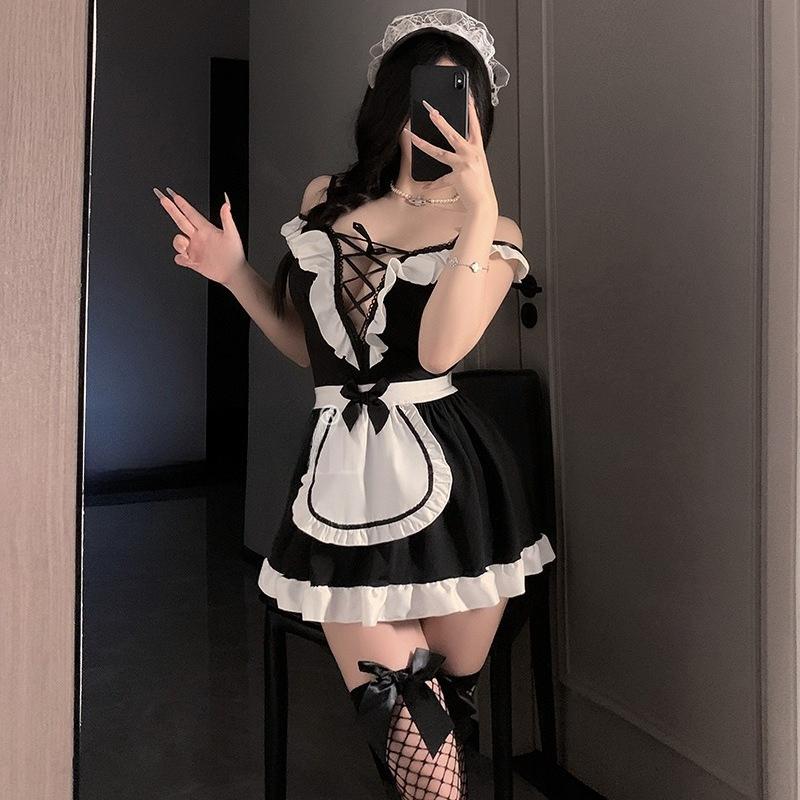 Sexy Cute Maid Cosplay Costumes Lace Up Bow Women Sexy Lingerie Lolita Servant Outfit Lace Server Roleplay Couples Sex Flirt Set With stockings