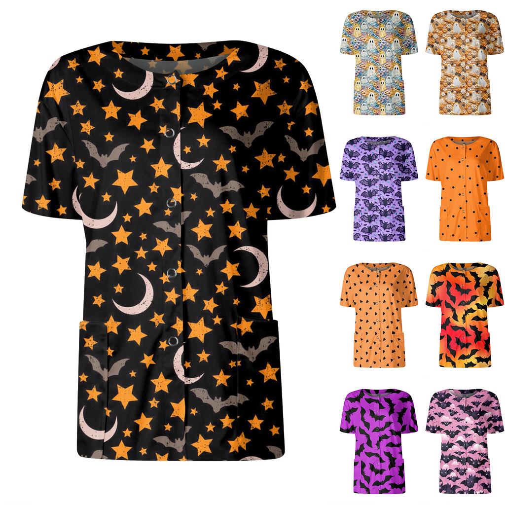 Women's Short Sleeved Patterned Pockets, Work Print Stand Up Collar, Single Breasted Protective Clothing, Cardigan Jacket, Top