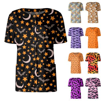 Women's Short Sleeved Patterned Pockets, Work Print Stand Up Collar, Single Breasted Protective Clothing, Cardigan Jacket, Top