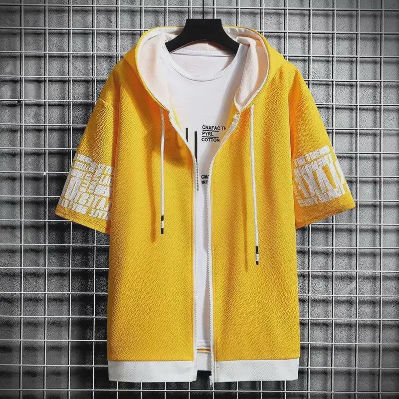 Hong Kong Style Men's Loose Fit Hooded Cardigan T-Shirt - Trendy Short Sleeve Summer Top