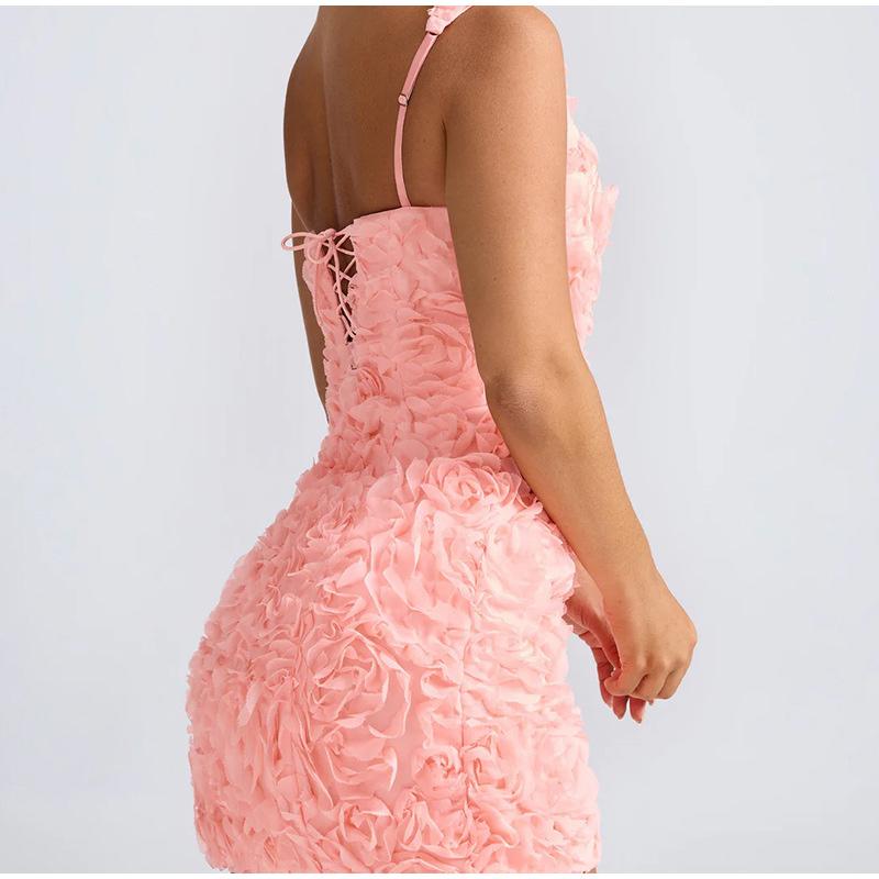 Summer 2025 Sexy Square Collar 3D Flower Slim Fit Sleeveless Strapless Short Dress Fashionable Women's Clothing Mini Dresses