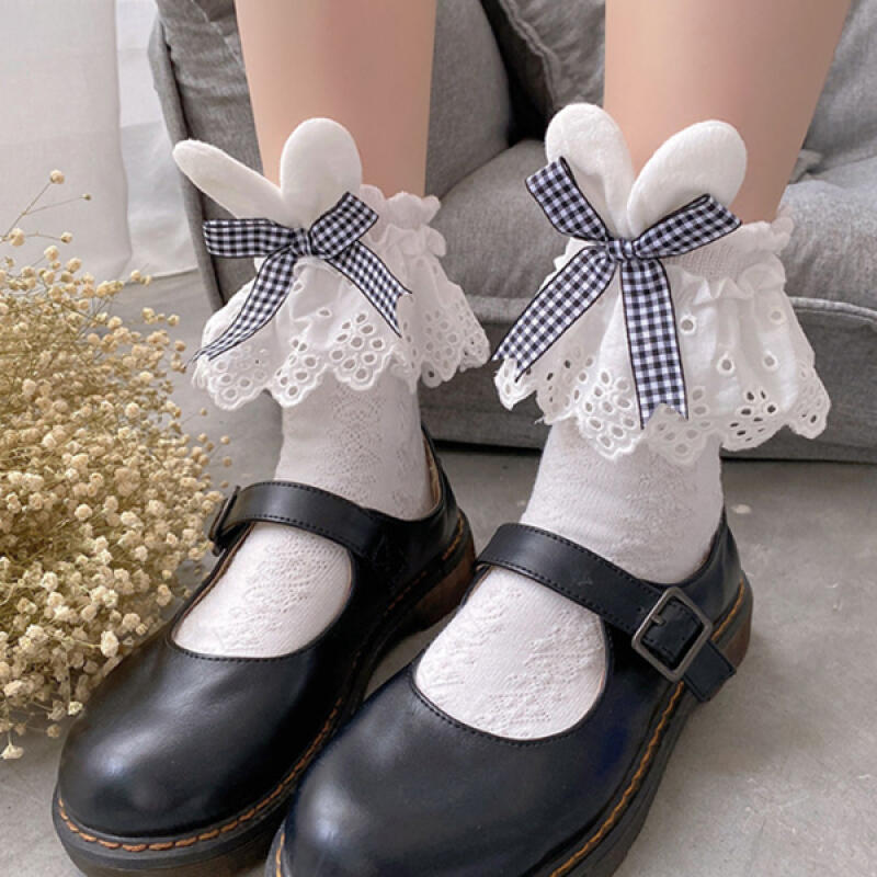 Leoa Punching Frill Ribbon Lovely Mid-Calf Fashion Socks white