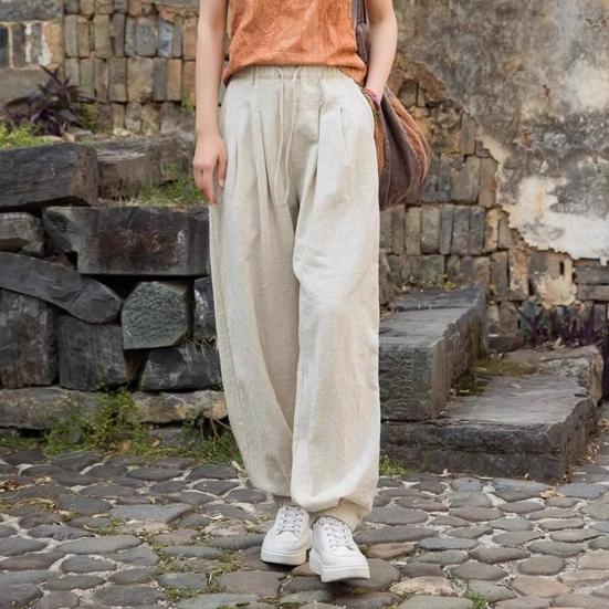 Women Casual Pants Elastic Waist Adjustable Drawstring Solid Color Wide Leg Trousers Solid Color Harem Trousers