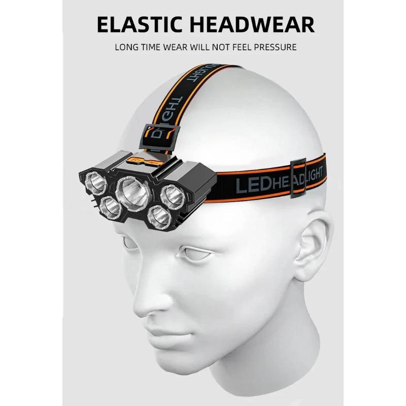 USB Rechargeable LED Headlamp 5 Lamp Beads 4 Modes Built-in Rechargeable Lithium Battery Lightweight Headlight Elastic Headband