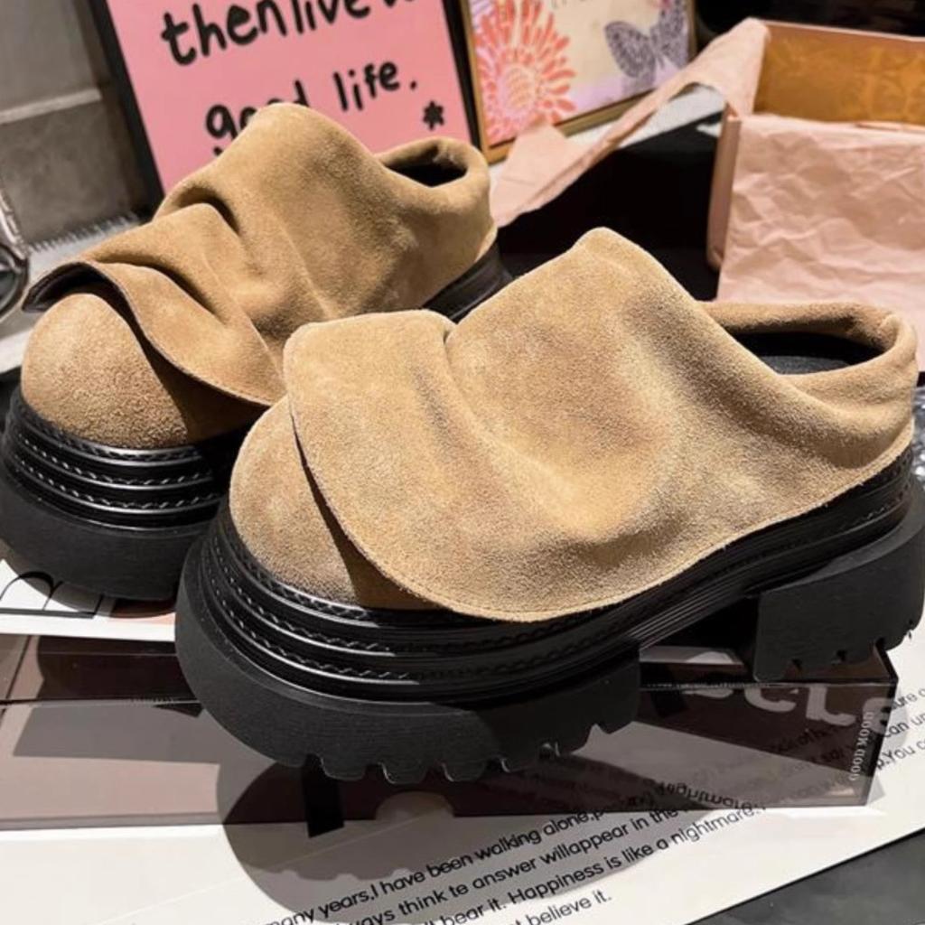 European goods 2025 lotus leaf edge catwalk model bag head half slippers JK small leather shoes small 7cm women's shoes half slippers
