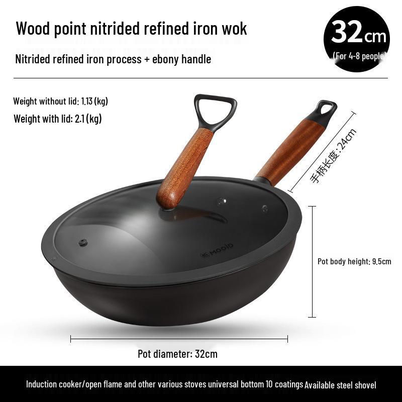 

MOOiD Деревянная точка Нитрированный тонкий чугунный вок для жарки, Сковорода с антипригарным покрытием без покрытия для индукционных и газовых плит Nitrided Fine Iron Wok
