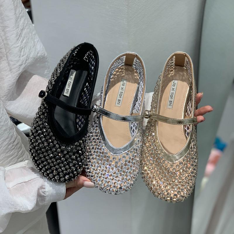 Fashion Luxury Crystal Rhinestone Fishnet Ballet Flats Woman Brand Design Rivet Studs Mesh Mary Jane Shoes Ladies Summer Hollow Loafers