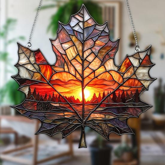 Maple Leaf Sun Catcher Sunset Hanging Decoration Stained Glass Style Acrylic Ornament for Bedroom Kitchen Window Balcony