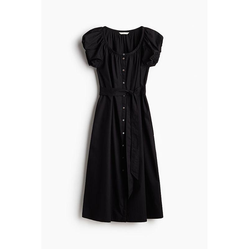 

HM Women s Clothing Dress 2025 Summer New Arrival Florals Print Puff Sleeves Poplin Plant Print Dress 1290120 Black 155/80(XS)