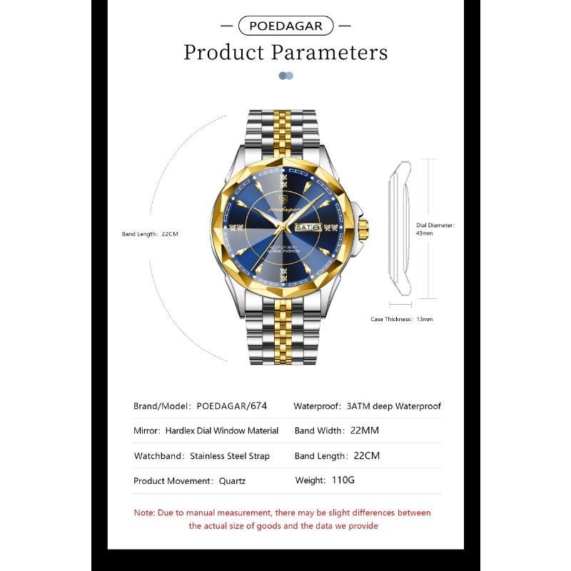 POEDAGAR Top Fashion Man Clock Business Waterproof Luminous Date Week Wristwatch Quartz Stainless Steel Casual Watches