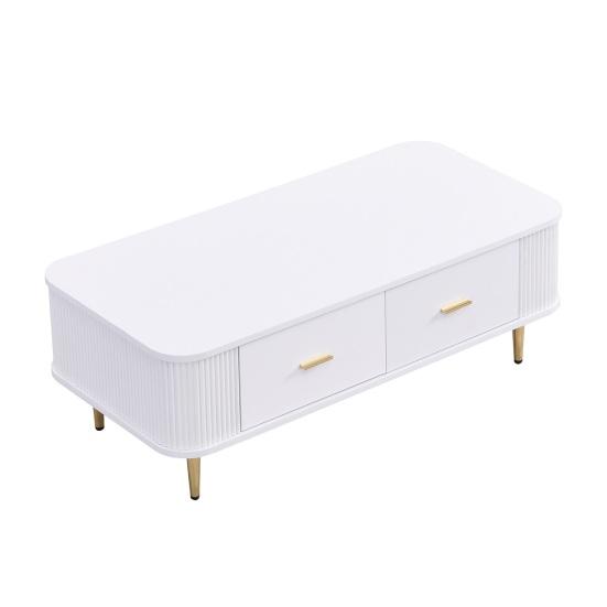 Coffee Table Golden Handles with Two Drawers Large Storage Space Curved Corners Wavy Side Storing MDF Rectangle Shape Tea Table Home