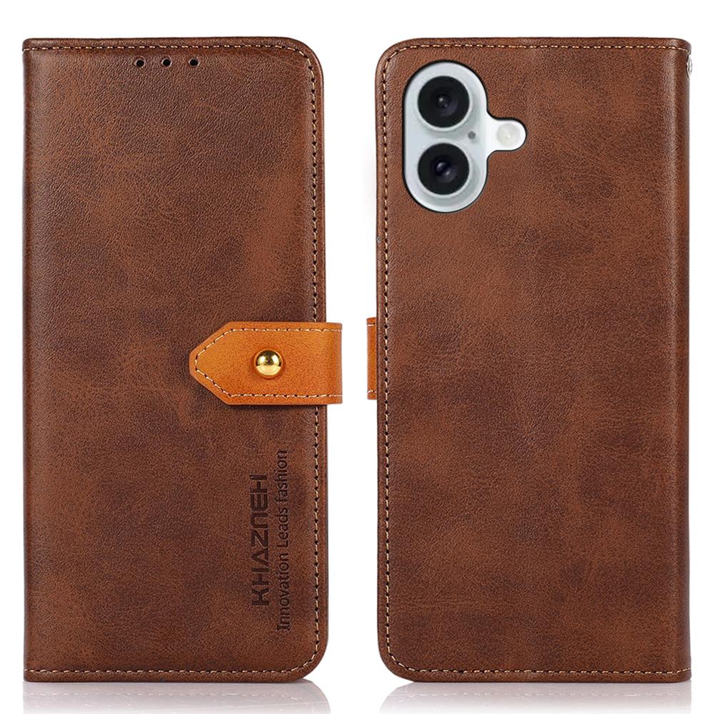 

KHAZNEH For iPhone 16 Case PU Leather Phone Cover with Golden Magnetic Clasp Decor Brown