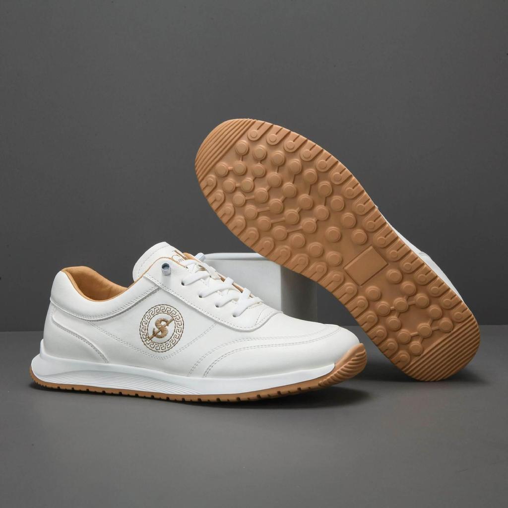 European Men's Genuine Cowhide Leather Casual White Sneakers - Breathable, Non-slip, Outdoor Fitness Shoes