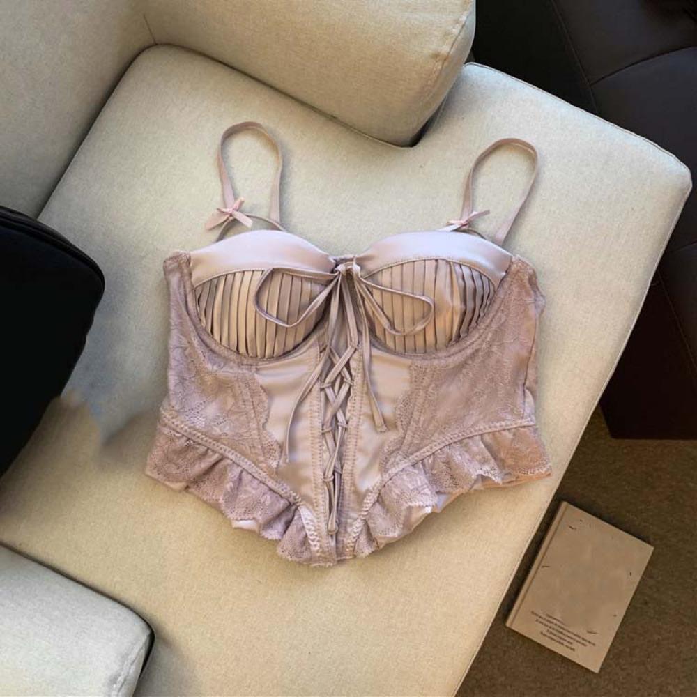 Spaghetti Strap Sleeveless Crop Top French Style Fishbone Vest Sweet Satin Corset Top Daily