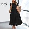Women's Summer Maxi Dress Casual V-Neck Short Sleeve Tiered Flowy Dress Smocked Waist Pleated Long Dress