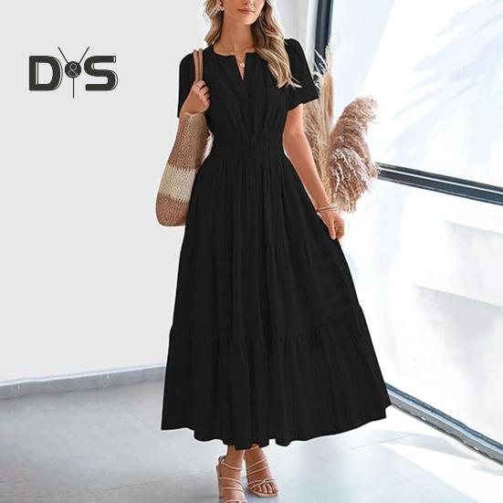 Women's Summer Maxi Dress Casual V-Neck Short Sleeve Tiered Flowy Dress Smocked Waist Pleated Long Dress