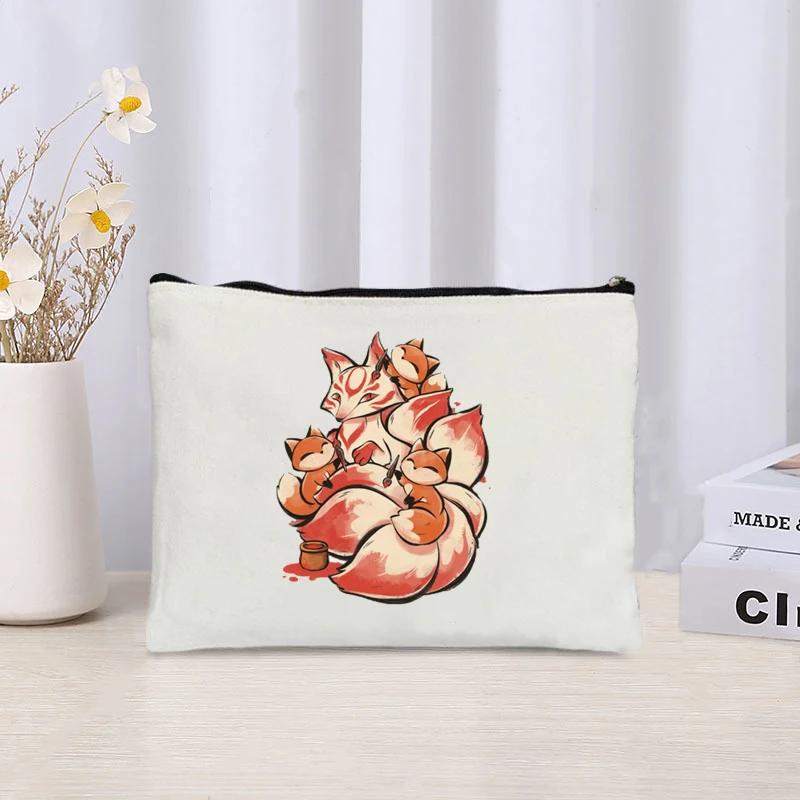 Fox Print Canvas Bag Organizer Retro Zipper Perfume Lipstick Cosmetic Bag Sundries Stationery Office Supplies Storage Pencil Bag