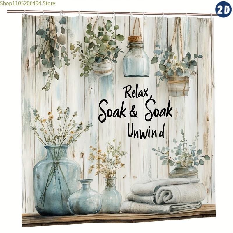 1pc Boho-Chic "Relax & Soak" Shower Curtain, 70.8x70.8 Inch, Durable Polyester, Easy-Clean with Included Hooks, Machine Washab