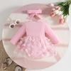 Newborn Baby Girl Applique Mesh Dress with Headband, Autumn/Winter Long Sleeve Knitted Fabric Splice