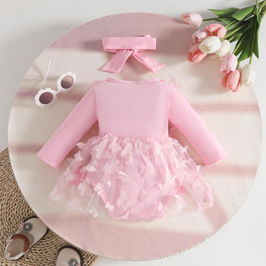 Newborn Baby Girl Applique Mesh Dress with Headband, Autumn/Winter Long Sleeve Knitted Fabric Splice