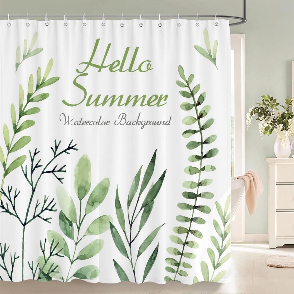 1PC Modern Minimalist leaf Pattern Shower Curtain with Hooks - Design Chic Green leaves Plants Bathroom Curtain Decorationks